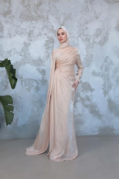 Pelerinli Işıltı Abiye - Krem