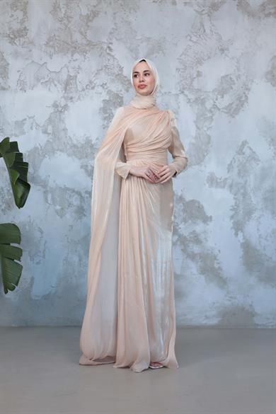 Pelerinli Işıltı Abiye - Krem