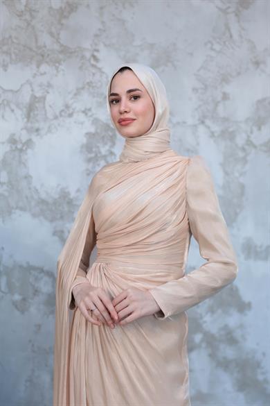 Pelerinli Işıltı Abiye - Krem