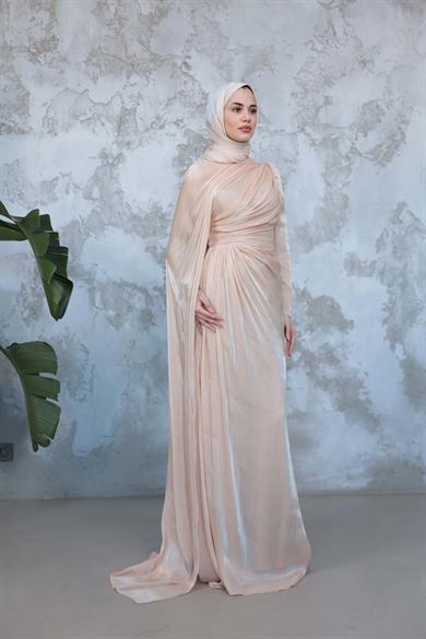 Pelerinli Işıltı Abiye - Krem