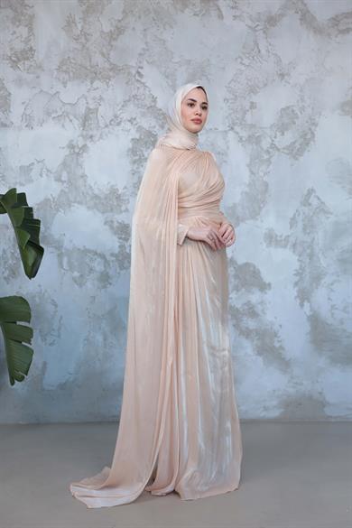 Pelerinli Işıltı Abiye - Krem