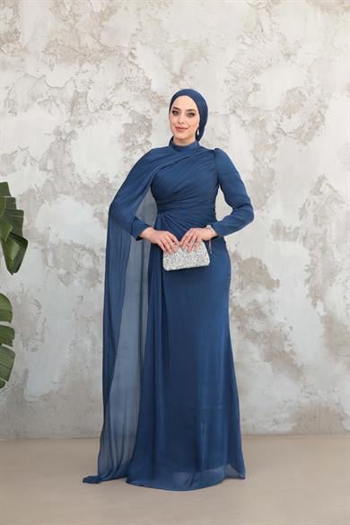 Pelerinli Işıltı Abiye - Lacivert