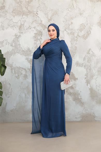 Pelerinli Işıltı Abiye - Lacivert