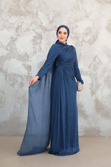 Pelerinli Işıltı Abiye - Lacivert