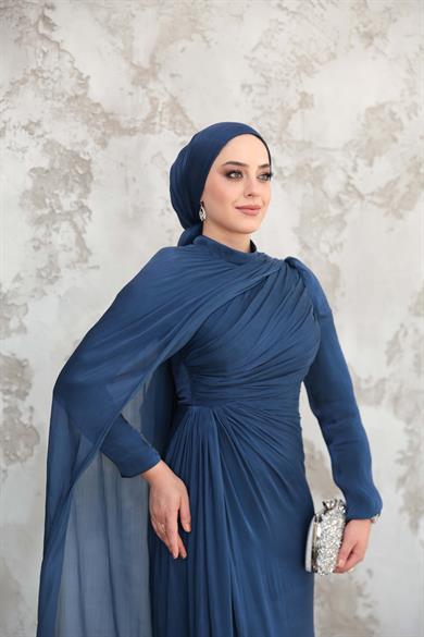 Pelerinli Işıltı Abiye - Lacivert