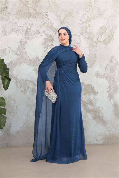 Pelerinli Işıltı Abiye - Lacivert