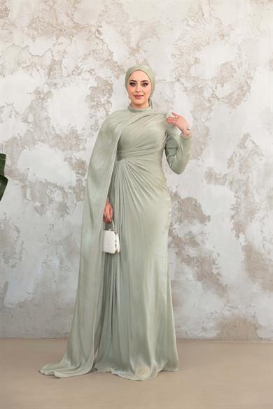 Pelerinli Işıltı Abiye - Mint Yeşil