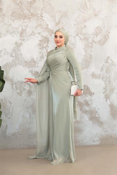 Pelerinli Işıltı Abiye - Mint Yeşil