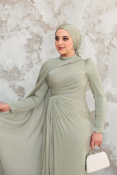 Pelerinli Işıltı Abiye - Mint Yeşil