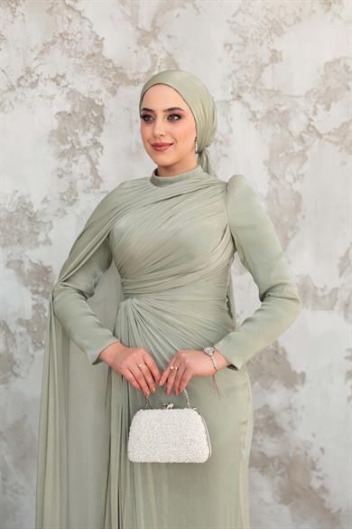 Pelerinli Işıltı Abiye - Mint Yeşil