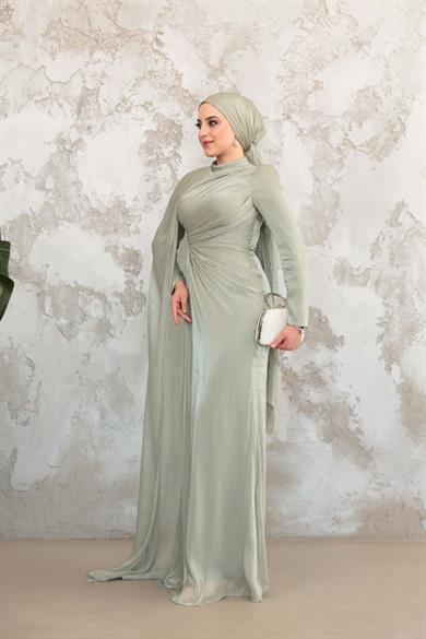 Pelerinli Işıltı Abiye - Mint Yeşil