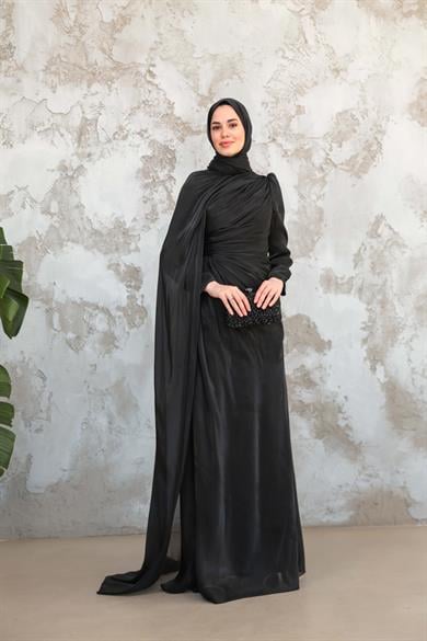 Pelerinli Işıltı Abiye - Siyah