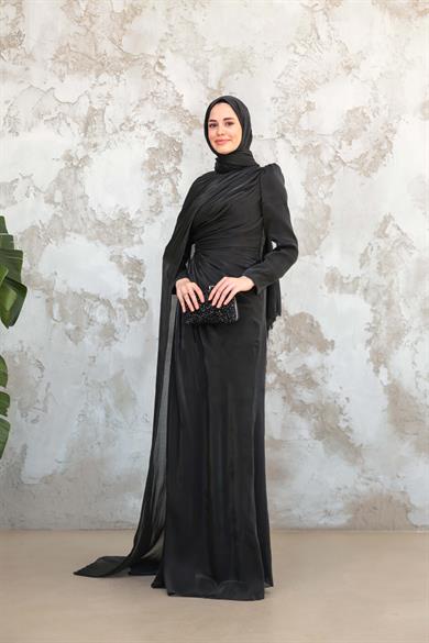 Pelerinli Işıltı Abiye - Siyah