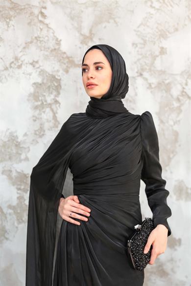 Pelerinli Işıltı Abiye - Siyah