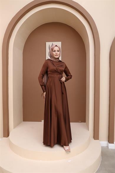 Pelin Side Tie Evening Dress - Brown