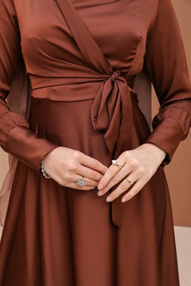 Pelin Side Tie Evening Dress - Brown