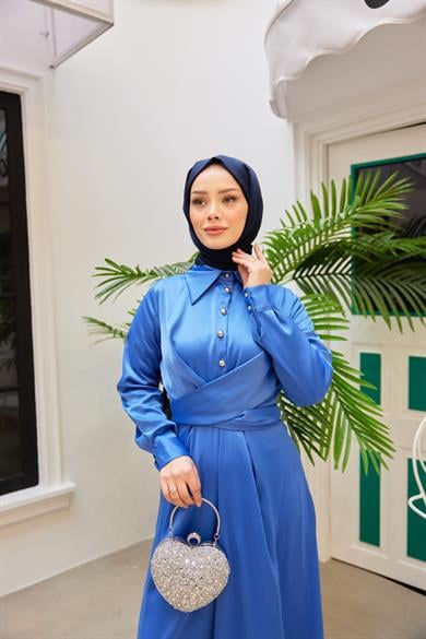 Peyda Shirt Collar Buttoned Evening Dress - Baby Blue