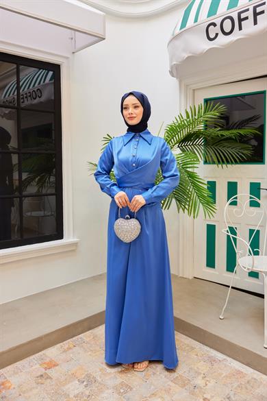 Peyda Shirt Collar Buttoned Evening Dress - Baby Blue