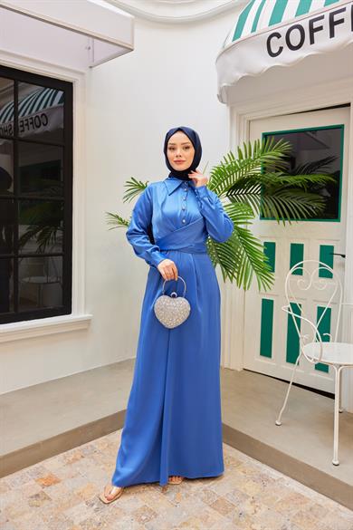 Peyda Shirt Collar Buttoned Evening Dress - Baby Blue