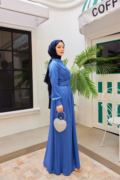 Peyda Shirt Collar Buttoned Evening Dress - Baby Blue