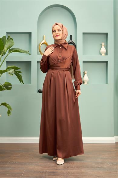 Peyda Shirt Collar Buttoned Evening Dress - Brown