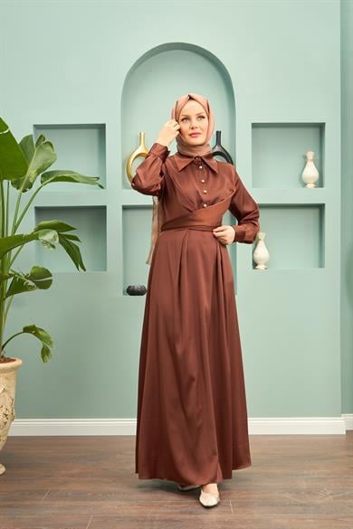 Peyda Shirt Collar Buttoned Evening Dress - Brown