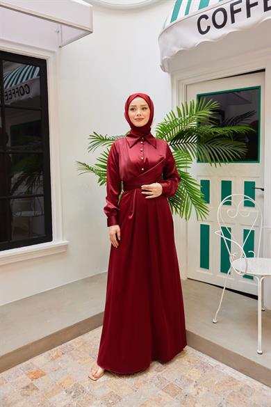 Peyda Shirt Collar Buttoned Evening Dress - Red