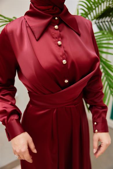 Peyda Shirt Collar Buttoned Evening Dress - Red