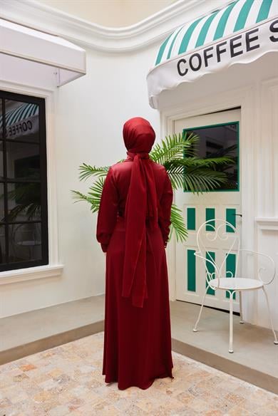 Peyda Shirt Collar Buttoned Evening Dress - Red