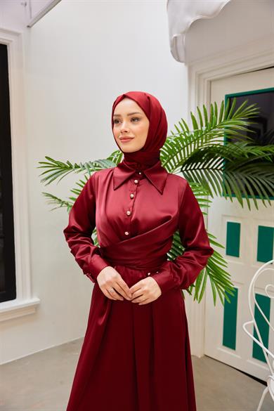 Peyda Shirt Collar Buttoned Evening Dress - Red