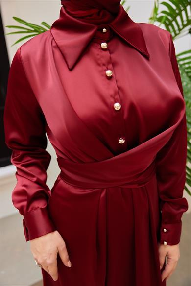 Peyda Shirt Collar Buttoned Evening Dress - Red