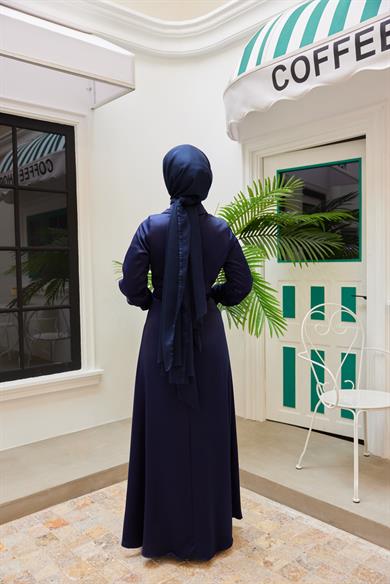 Peyda Shirt Collar Buttoned Evening Dress - Navy Blue