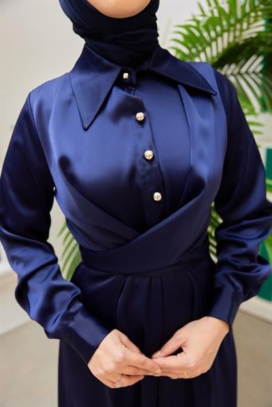 Peyda Shirt Collar Buttoned Evening Dress - Navy Blue