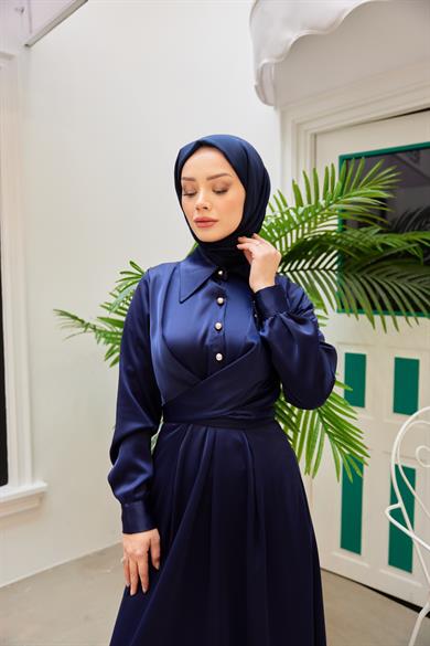Peyda Shirt Collar Buttoned Evening Dress - Navy Blue