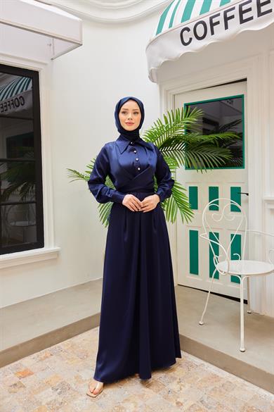 Peyda Shirt Collar Buttoned Evening Dress - Navy Blue