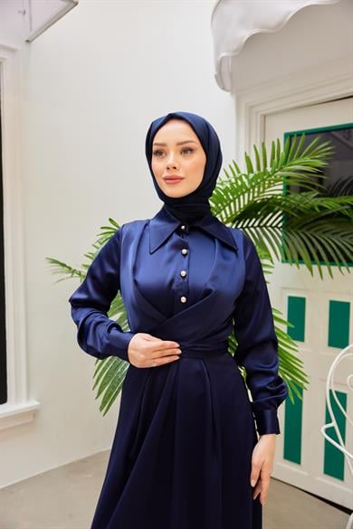 Peyda Shirt Collar Buttoned Evening Dress - Navy Blue