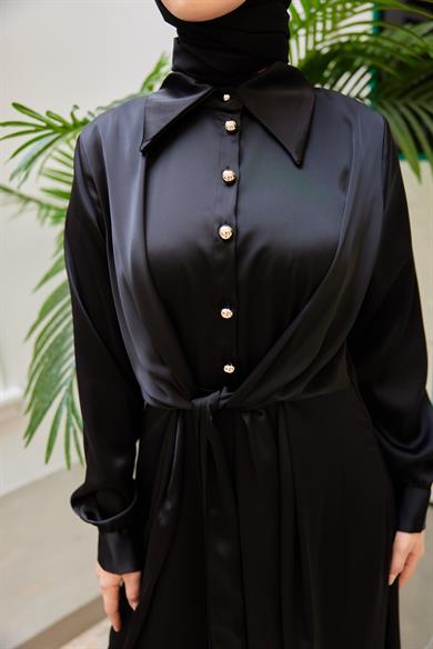 Peyda Shirt Collar Buttoned Evening Dress - Black