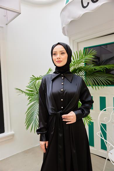 Peyda Shirt Collar Buttoned Evening Dress - Black