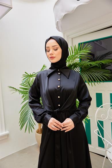 Peyda Shirt Collar Buttoned Evening Dress - Black