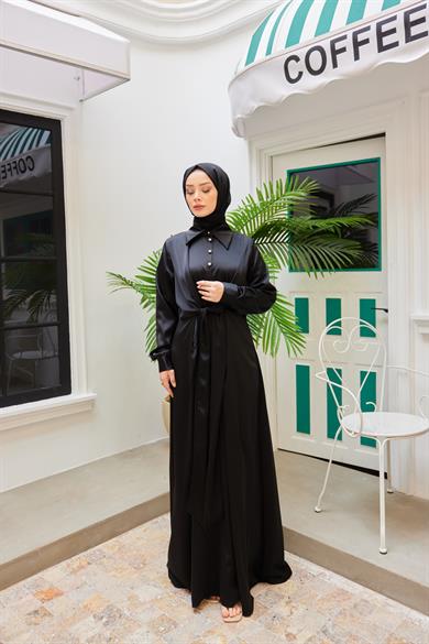 Peyda Shirt Collar Buttoned Evening Dress - Black