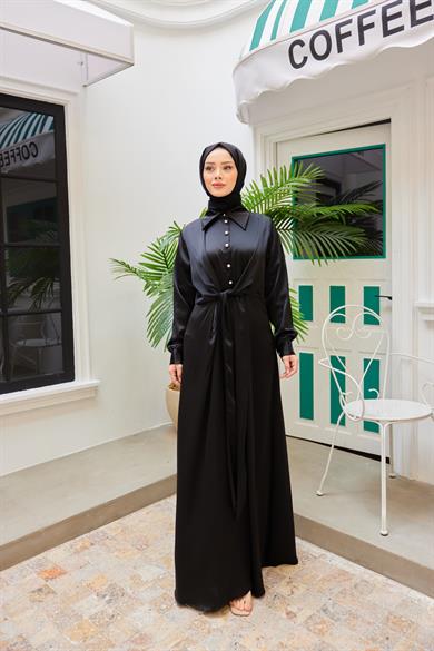 Peyda Shirt Collar Buttoned Evening Dress - Black