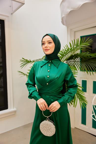 Peyda Shirt Collar Buttoned Evening Dress - Green