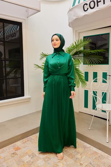 Peyda Shirt Collar Buttoned Evening Dress - Green