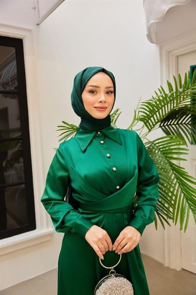 Peyda Shirt Collar Buttoned Evening Dress - Green
