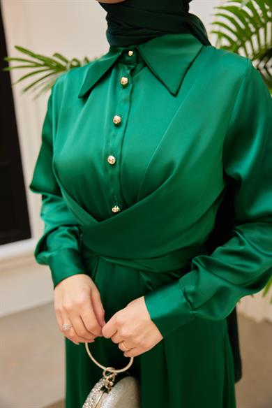 Peyda Shirt Collar Buttoned Evening Dress - Green