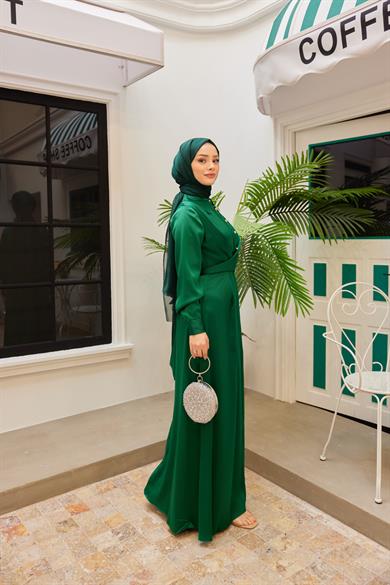 Peyda Shirt Collar Buttoned Evening Dress - Green