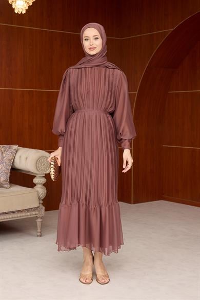 Pileli Balon Kol Abiye - Bakır