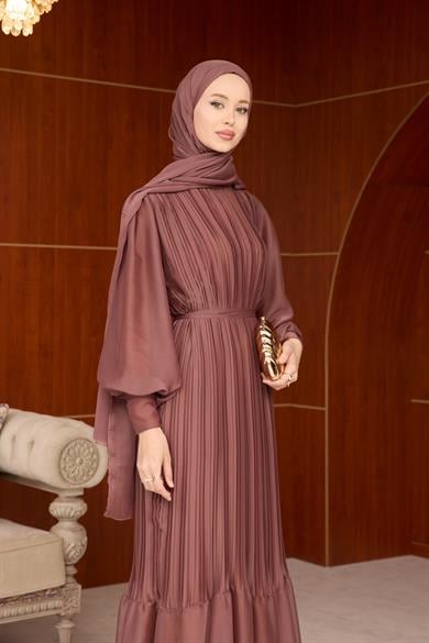 Pileli Balon Kol Abiye - Bakır