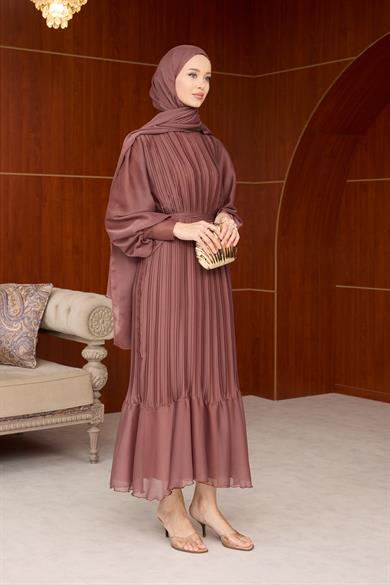 Pileli Balon Kol Abiye - Bakır