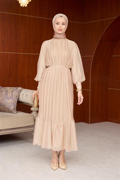 Pileli Balon Kol Abiye - Bej